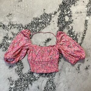 AFRM Shirt Womens Sz S Pink Floral Print Crop‎ Top Puff Sleeve Smocked Bodice